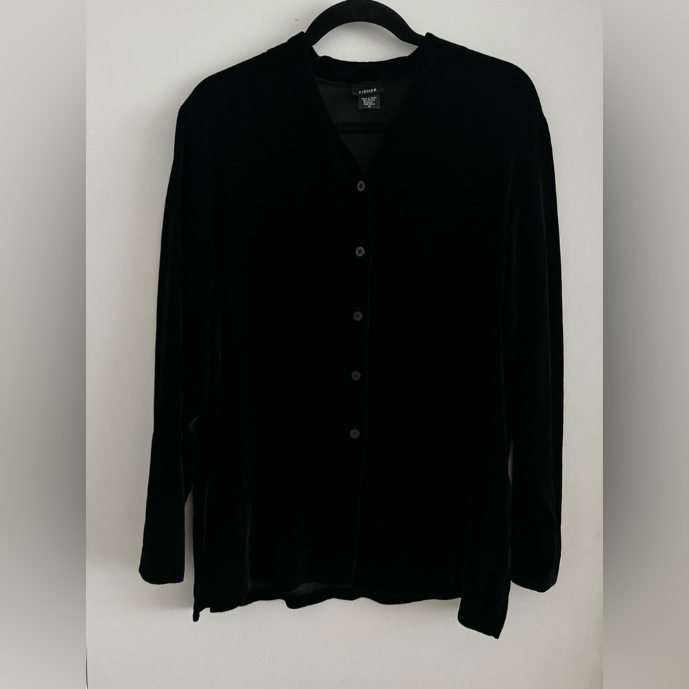 Velvet Eileen Fisher Black Velvet Button Down Split Hem Vintage Med